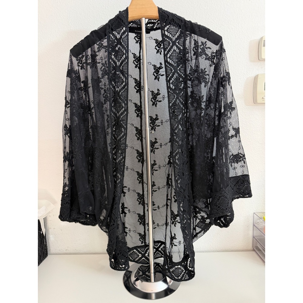 Olivaceous‎ Black Sheer Floral Lace Kimono Cardigan Wrap Crochet Trim Small